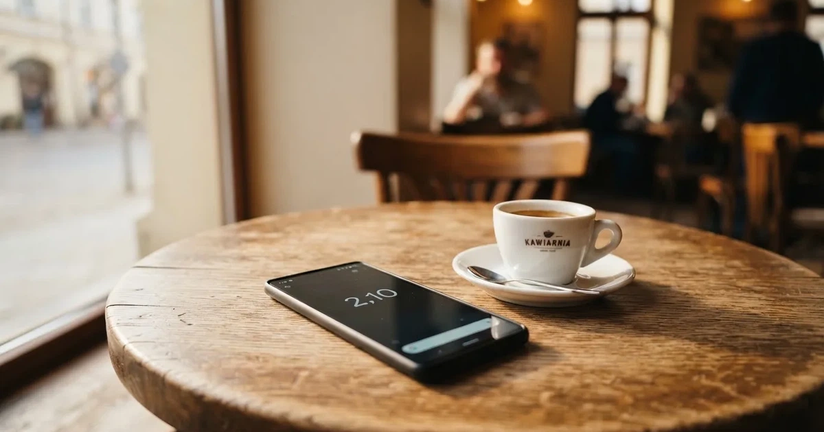 Smartfon z ciemnym ekranem leży na drewnianym stoliku w kawiarni obok małej filiżanki kawy, w miękkim świetle z okna.