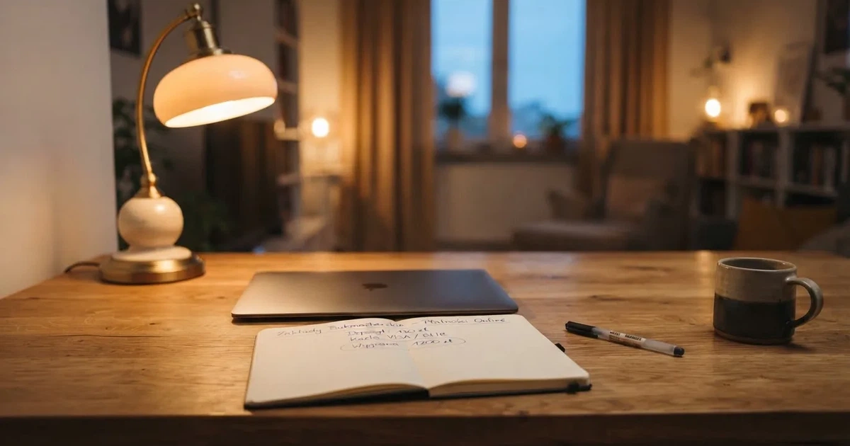 Zamknięty laptop i mały notes leżą na uporządkowanym domowym biurku obok lampki biurkowej.
