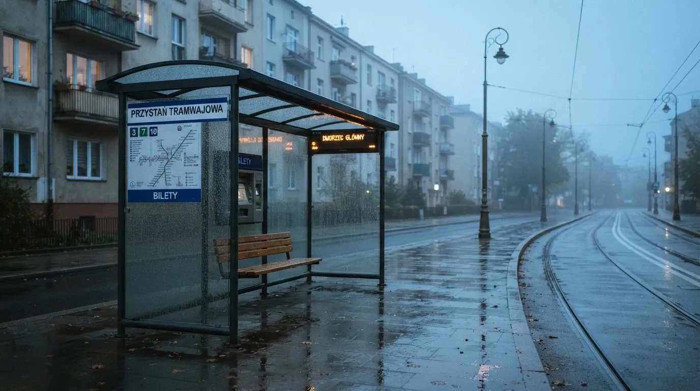 Pusta wiata przystanku tramwajowego na miejskiej ulicy o świcie, pusta ławka i mokry chodnik.