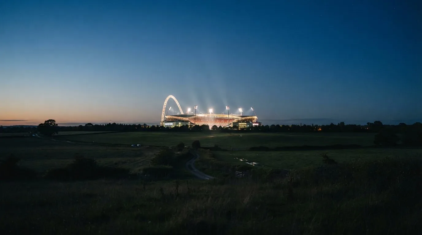 Stadion rozświetlony reflektorami widziany z daleka znad ciemnych pól w pogodny wieczór.