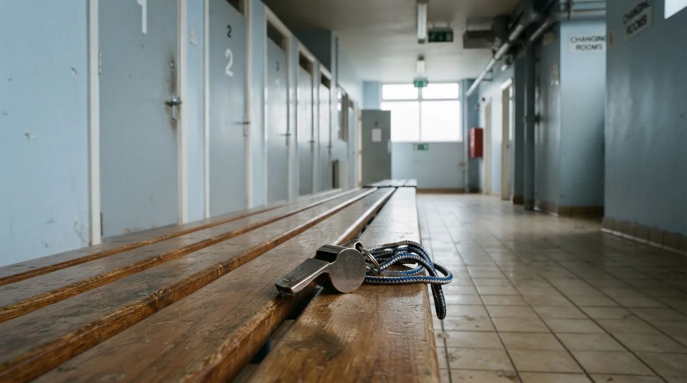 Gwizdek sędziowski na smyczy leży na drewnianej ławce w korytarzu przy szatniach.