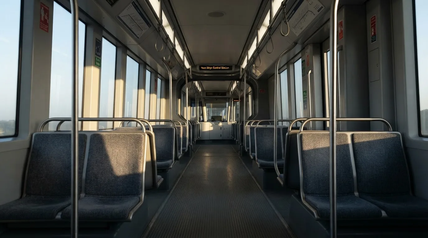 Wnętrze pustego tramwaju z rzędami siedzeń i poręczą w porannym świetle.