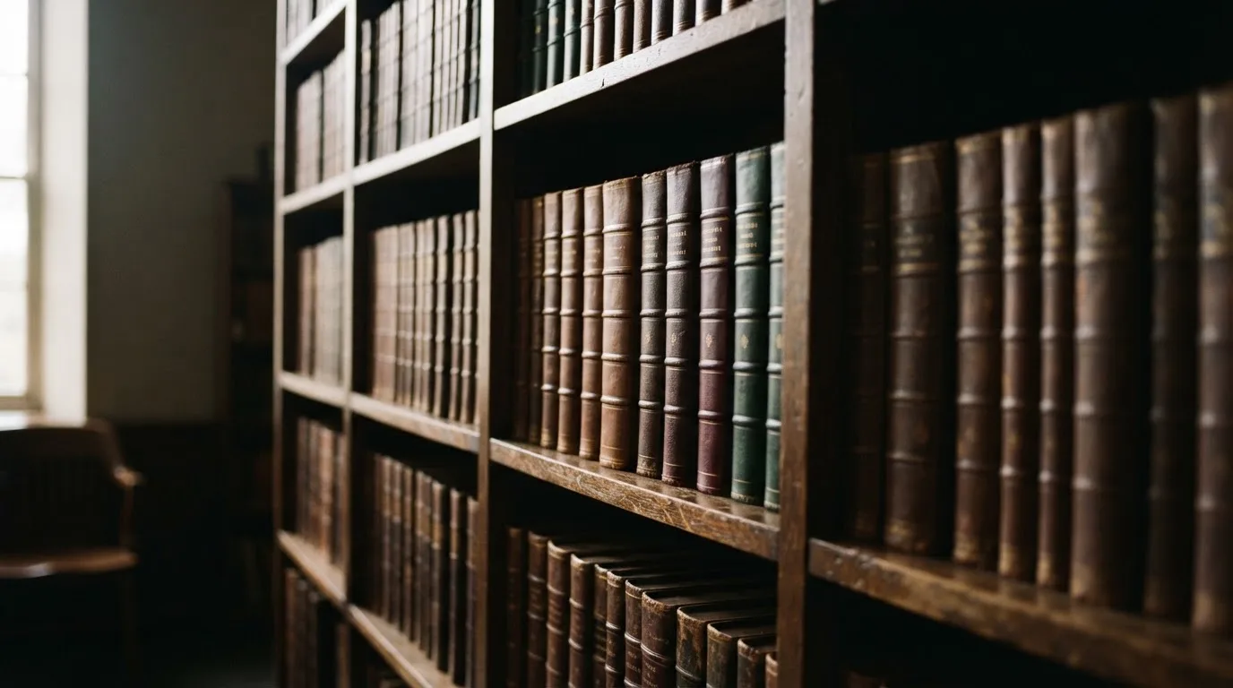 Regał z zamkniętymi książkami w skórzanych oprawach w cichej bibliotece, światło pada z boku.