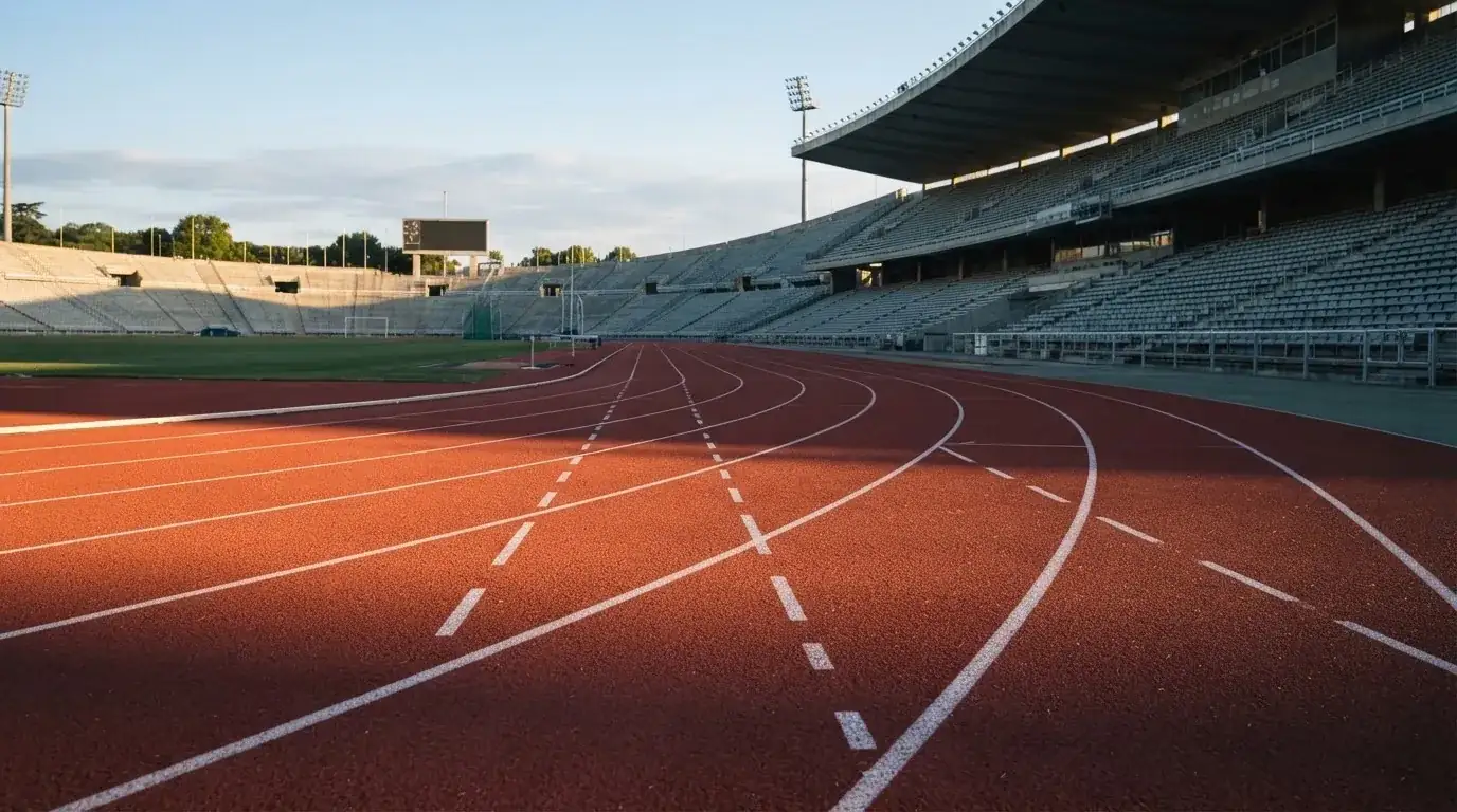 Bieżnia lekkoatletyczna wygięta w łuk pustego stadionu w porannym słońcu.