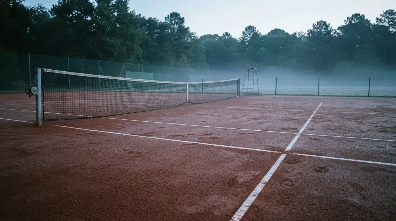 Kort tenisowy o świcie z rosą na linii końcowej i opuszczoną siatką, w tle mgła.