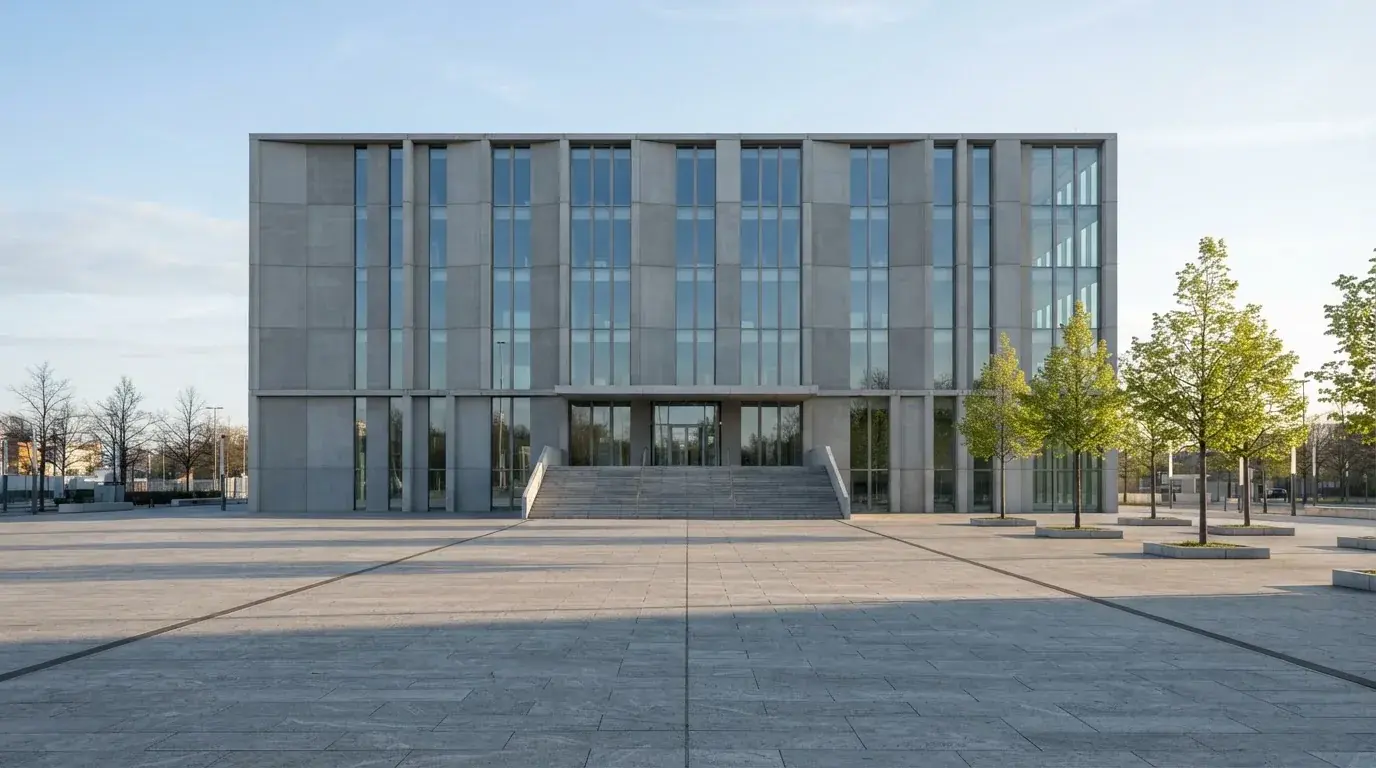 Nowoczesny budynek z szarego betonu i szkła o poranku, szeroki plac przed wejściem, żadnych przechodniów.
