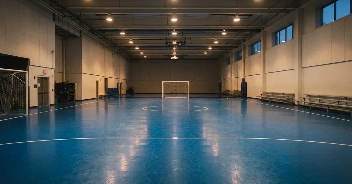Hala z niebieskim parkietem i niewielkimi bramkami po obu stronach, pusta, światło padające z sufitu.