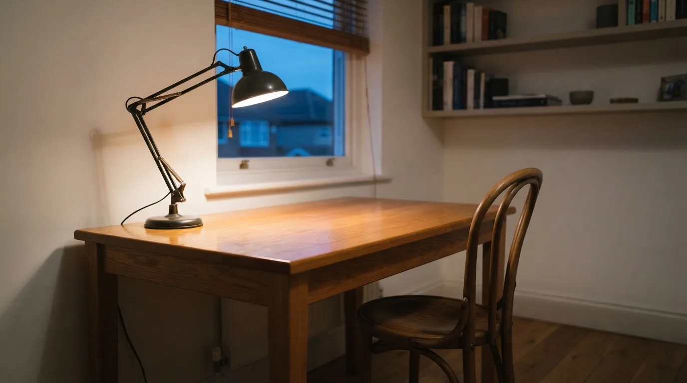 Lampa biurkowa świecąca na pustym drewnianym biurku w cichym gabinecie wieczorem, obok puste krzesło.