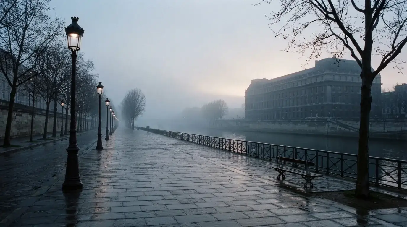 Szeroki bulwar nad rzeką z latarniami w porannej mgle, w tle ciemna bryła budynku.