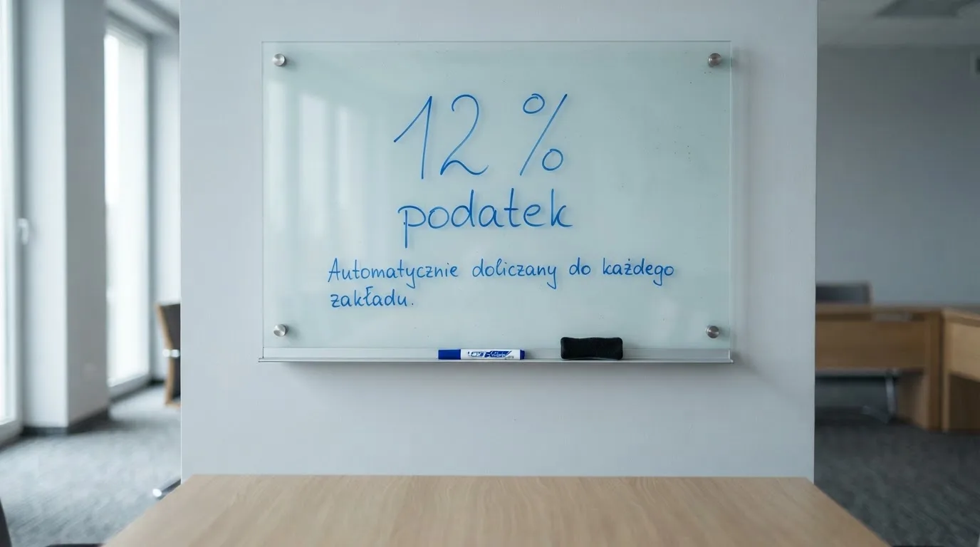 Szklana tablica suchościeralna w pustej sali konferencyjnej, lekko zakurzona, obok leży niebieski pisak.