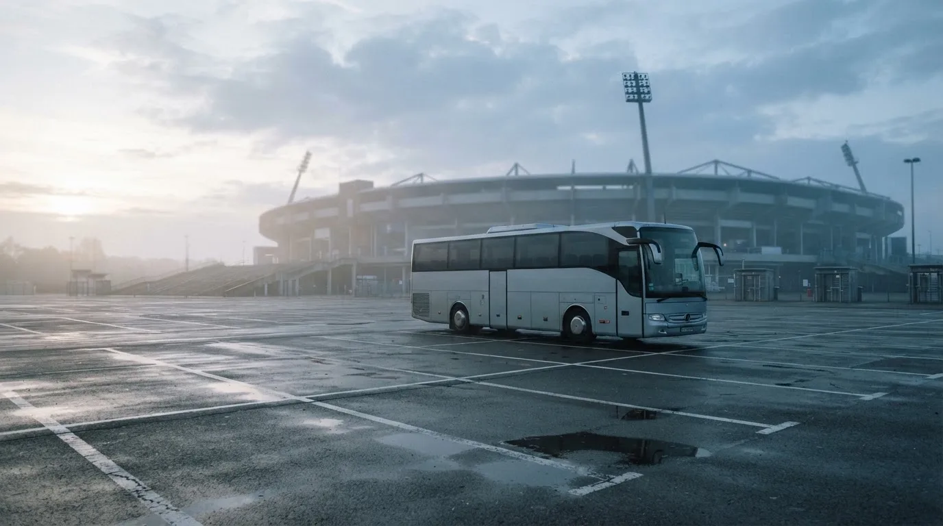 Autokar stoi na parkingu przed stadionem o świcie, rozmyte kontury trybun w tle, pusty plac i mokry asfalt.